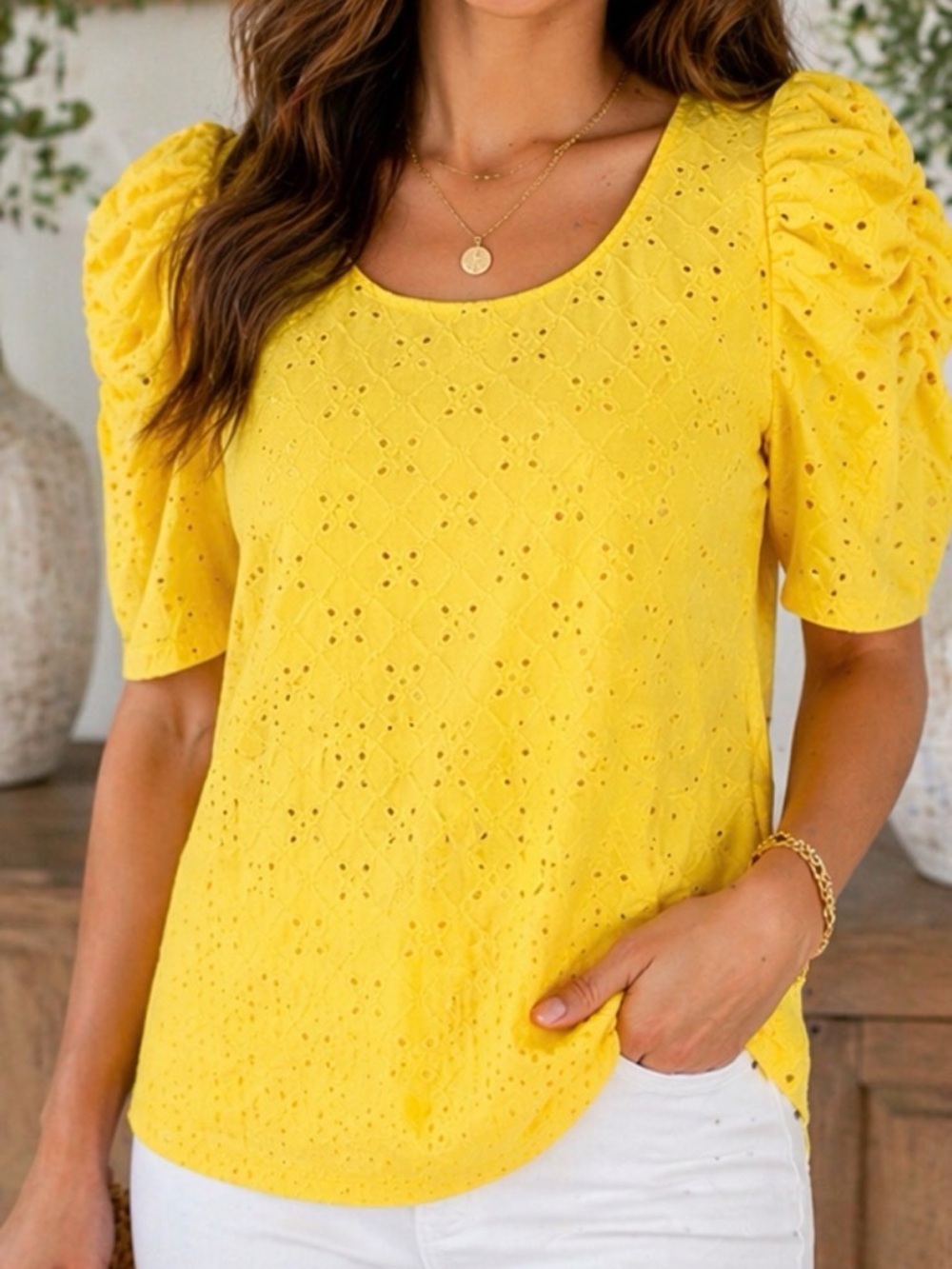 CeCe Eyelet Puff Sleeve Blouse Small Yellow Short Sleeve Feminine Top - Picture 2 of 6